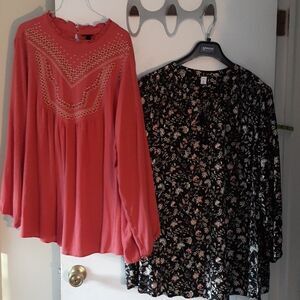 Torrid Coral pink embroidered tunic top, Old Navy 3x black Paisley blouse shirt